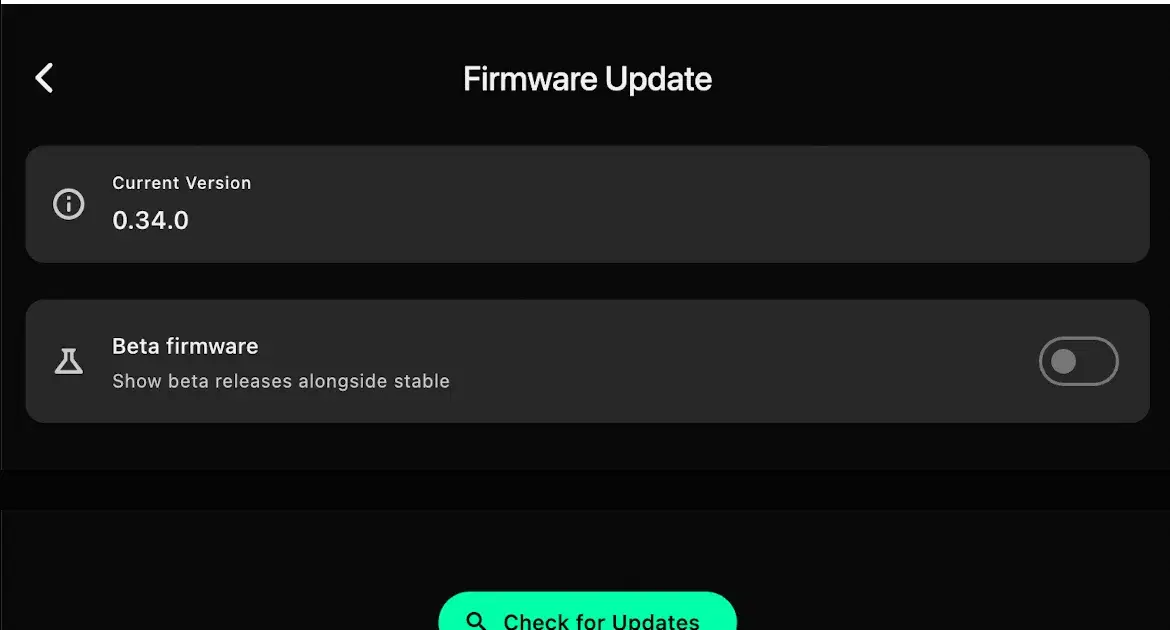 TuneFI app firmware update screen — current version, stable and beta channels, check for updates